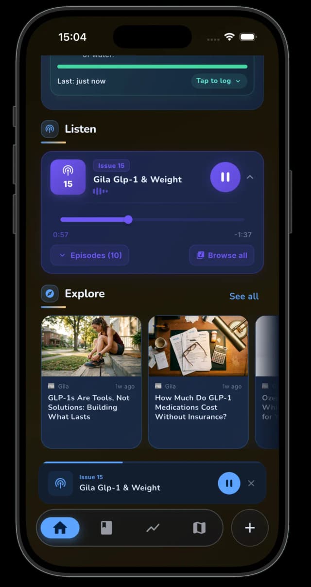 Home screen — podcast player, Explore articles